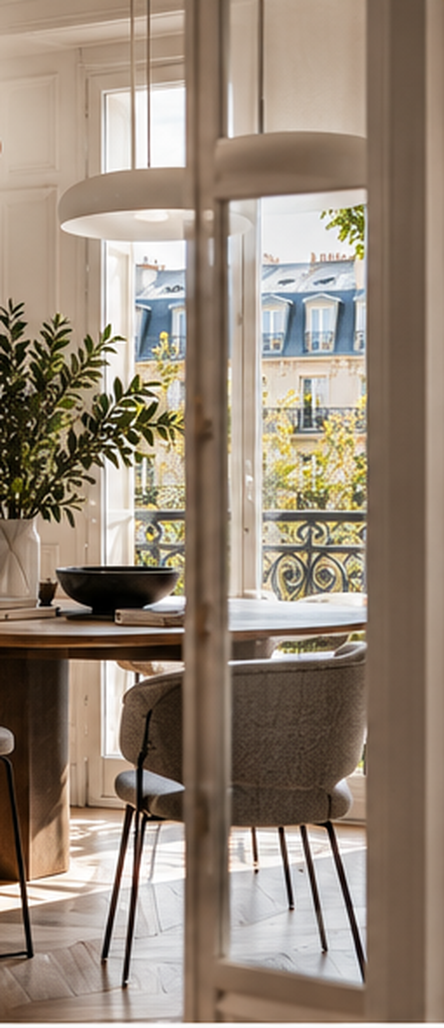 Intérieur contemporain lumineux donnant sur un balcon parisien